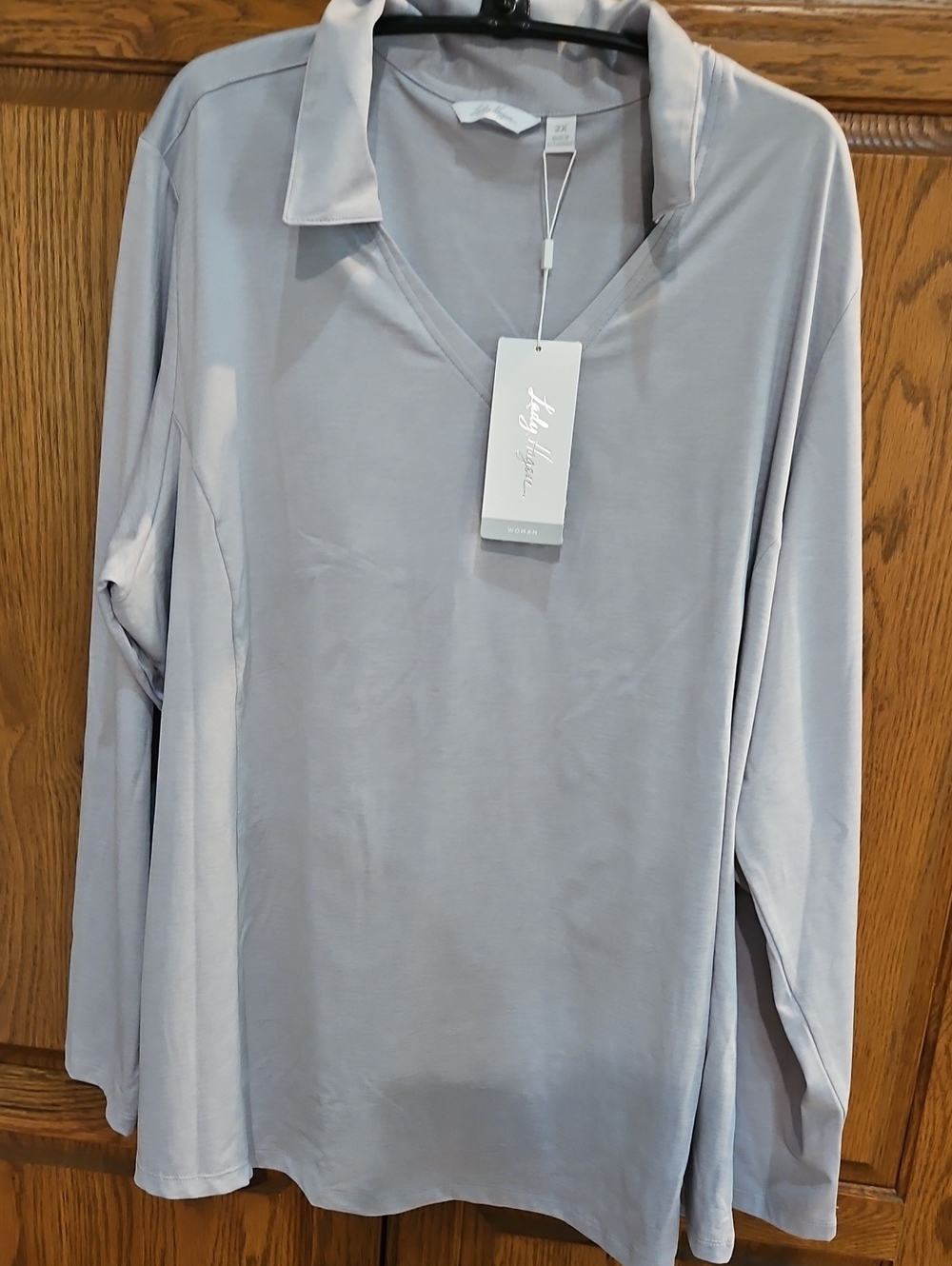 Lady Hagen Light Gray V-Neck Long Sleeve Polo Top